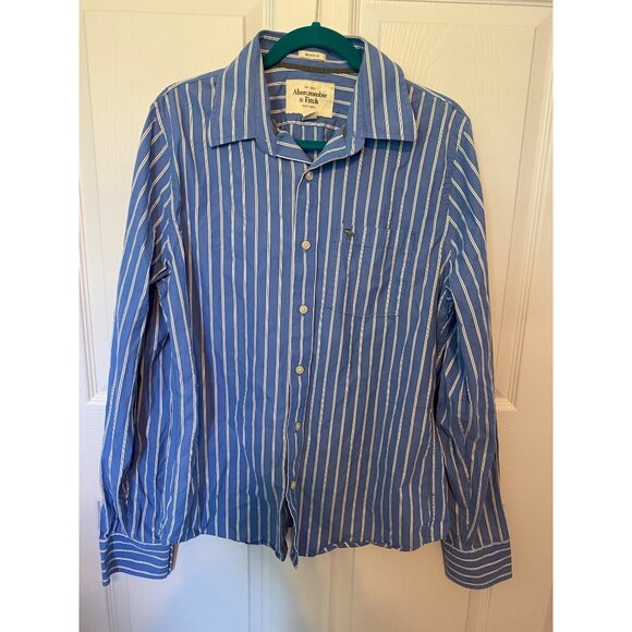 Abercrombie & Fitch Mens Muscle Fit Blue/White Striped Button-Up Shirt Size XL - Picture 1 of 7